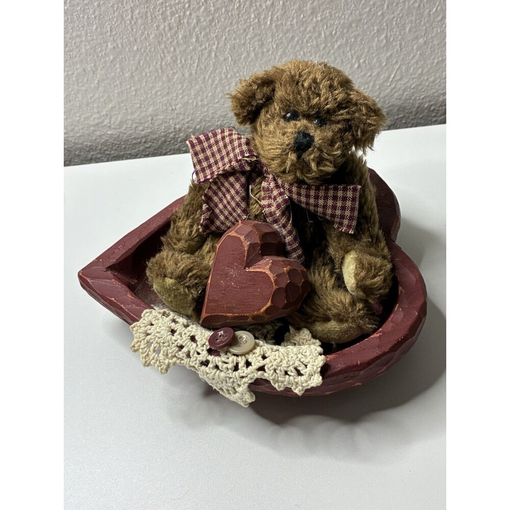 Vintage Folk Art Teddy Bear Plush with Red Wooden Heart and In a Heart